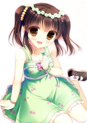 Rule 34 | 10s, 1girl, :d, absurdres, arm support, black footwear, blush, bracelet, breasts, brown eyes, brown hair, cherry print, clover, clover (flower), dress, flower, food-themed clothes, food print, four-leaf clover, green dress, head tilt, head wreath, highres, idolmaster, idolmaster cinderella girls, jewelry, looking at viewer, mary janes, medium breasts, ogata chieri, open mouth, print dress, shoes, simple background, sitting, sleeveless, sleeveless dress, smile, socks, solo, twintails, white background, white socks, wrist cuffs, yokozuwari, yukie (peach candy)