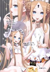 Rule 34 | 2girls, abigail williams (fate), abigail williams (swimsuit foreigner) (fate), abigail williams (swimsuit foreigner) (second ascension) (fate), abigail williams (swimsuit foreigner) (third ascension) (fate), absurdres, bare shoulders, bikini, blonde hair, blue eyes, bow, braid, braided bun, breasts, cat, double bun, dress swimsuit, fate/grand order, fate (series), food, hair bun, hat, highres, keyhole, long hair, mitre, multiple bows, multiple girls, natsume eri, navel, one-piece swimsuit, orange bow, pancake, sidelocks, small breasts, smile, swimsuit, twintails, very long hair, white hair, white headwear, white one-piece swimsuit