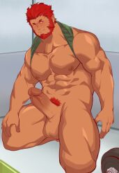 Rule 34 | 1boy, abs, absurdres, bara, bare pectorals, beard, bottomless, clothes lift, dark-skinned male, dark skin, dumbbell, erection, facial hair, fate/grand order, fate (series), gafou01, girthy penis, highres, indoors, iskandar (fate), kneeling, large pectorals, looking at viewer, male focus, male pubic hair, mature male, muscular, muscular male, navel, nipples, pectorals, penis, pubic hair, red eyes, red hair, seductive smile, shirt behind neck, shirt lift, short hair, smile, solo, sparse pubic hair, stomach, strongman waist, thick eyebrows, thick thighs, thighs