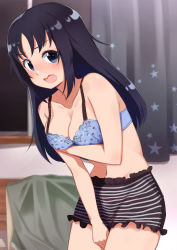 Rule 34 | 1girl, absurdres, black hair, blue bra, blue eyes, blush, bra, breasts, cleavage, embarrassed, freckles, girls und panzer, highres, indoors, large breasts, long hair, navel, panties, skirt, solo, striped clothes, striped panties, striped skirt, toon (noin), underwear, underwear only, yamagou ayumi