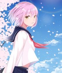 Rule 34 | cherry blossoms, dress, epic seven, highres, mercedes (epic seven), pink hair, ribbon, school uniform, sky, smile, solo, twomoon