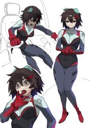 Rule 34 | 1girl, absurdres, alternate costume, black bodysuit, black hair, bodysuit, breasts, closed mouth, cockpit, full body, gluteal fold, hair ornament, highres, interface headset, looking at viewer, marvel, medium breasts, multicolored bodysuit, multicolored clothes, multiple views, neon genesis evangelion, nia (nia4294), peni parker, pilot suit, piloting, plugsuit, red eyes, science fiction, short hair, simple background, sitting, skin tight, spider-man: across the spider-verse, spider-man (series), spider-verse, standing, sweat, thigh gap, x hair ornament