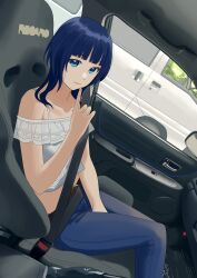 Rule 34 | 1girl, absurdres, asaka karin, belt, blue eyes, blue hair, blue pants, blunt bangs, brown belt, camisole, car interior, car seat, collarbone, commentary request, finger to mouth, frilled camisole, frills, highres, looking at viewer, love live!, love live! nijigasaki high school idol club, medium hair, mole, mole on collarbone, motor vehicle, pants, parted lips, s sho mkrn, seatbelt, shushing, sidelocks, sitting, solo, upper body, van, white camisole