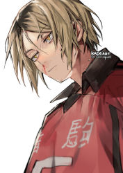 Rule 34 | 1boy, blonde hair, blood, brown hair, expressionless, from below, haikyuu!!, hair behind ear, jersey, kadeart, kozume kenma, male focus, multicolored hair, nosebleed, numbered, parted bangs, parted hair, red shirt, roots (hair), shirt, short hair, simple background, solo, sweat, twitter username, two-tone hair, upper body, white background, wing collar, yellow eyes