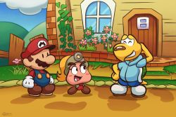Rule 34 | 1girl, 2boys, bandaid, bandaid on face, bandaid on nose, blonde hair, blouse, fang, from side, goombella, hand on own hip, highres, koops, mario, mario (series), multiple boys, nintendo, paper mario, paper mario: the thousand year door, ponytail, red shirt, shirt