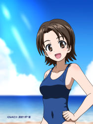 Rule 34 | 1girl, blue one-piece swimsuit, blush, breasts, brown eyes, brown hair, female focus, girls und panzer, hand on own hip, highres, looking at viewer, naotosi, one-piece swimsuit, open mouth, outdoors, sawa azusa, short hair, small breasts, smile, solo, swimsuit