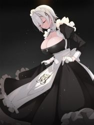 Rule 34 | 1girl, apron, black background, black dress, breasts, cleavage, curtsey, denken, detached collar, dress, earrings, eyelashes, frills, from below, from side, gloves, grey hair, highres, jewelry, juliet sleeves, large breasts, light particles, long sleeves, looking at viewer, maid, maid apron, maid headdress, original, puffy sleeves, ribbon trim, short hair, skirt hold, smile, solo, standing, waist apron, white apron, white gloves