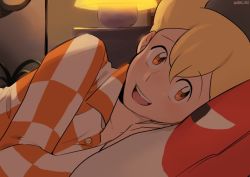 Rule 34 | 1boy, bad id, bad twitter id, barry (pokemon), bbrangka, blonde hair, checkered clothes, checkered shirt, creatures (company), game freak, hair between eyes, lamp, looking at viewer, male focus, nintendo, on bed, orange eyes, pajamas, pillow, pokemon, pokemon dppt, pov, pov across bed, shirt, smile, solo, twitter username, under covers
