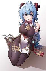 Rule 34 | 1girl, ahoge, ankle ribbon, bare shoulders, bell, blue hair, bodystocking, bodysuit, bodysuit under clothes, breasts, chinese clothes, chinese knot, detached sleeves, full body, ganyu (genshin impact), genshin impact, gloves, goat horns, gold trim, hair between eyes, highres, horns, large breasts, leg ribbon, long hair, looking at viewer, neck bell, purple eyes, ribbon, shadow, simple background, sitting, sung08ko, vision (genshin impact), yokozuwari