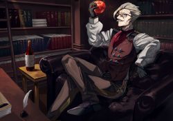 Rule 34 | 1boy, blue eyes, brown pants, facial hair, fate/grand order, fate (series), food, formal, fruit, glasses, grey hair, holding, holding food, holding fruit, james moriarty (archer) (fate), long sleeves, looking at viewer, male focus, mustache, old, old man, pants, short hair, sitting, solo, striped clothes, striped pants, suminagashi, vest