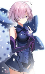 Rule 34 | 1girl, ahoge, armor, armored dress, bare shoulders, black dress, black gloves, blurry, breasts, closed mouth, cowboy shot, depth of field, dress, elbow gloves, eyes visible through hair, fate/grand order, fate (series), flower, gloves, hair over one eye, holding, holding flower, ice (ice aptx), looking at viewer, mash kyrielight, medium breasts, pink hair, purple eyes, short hair, signature, simple background, sleeveless, sleeveless dress, smile, solo, standing, tareme, white background