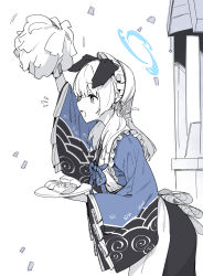 Rule 34 | + +, 1girl, animal ears, apron, arm up, blue archive, blue kimono, confetti, enosan, frilled hairband, frills, from side, hair ribbon, hairband, halo, highres, holding, holding plate, holding pom poms, japanese clothes, kimono, leaning forward, limited palette, long sleeves, maid, maid apron, notice lines, open mouth, plate, pom pom (cheerleading), pom poms, print kimono, ribbon, simple background, solo, spot color, umika (blue archive), wa maid, white background, wide sleeves