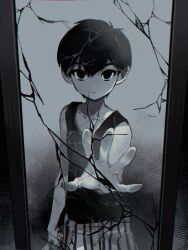 Rule 34 | 1boy, against glass, antenna hair, arm at side, bare arms, black eyes, black hair, black shorts, black tank top, child, closed mouth, collarbone, colored skin, crack, cracked glass, foreshortening, glass, hair behind ear, hair between eyes, looking at viewer, no pupils, omori, omori (omori), shionty, short hair, shorts, sleeveless, solo, striped clothes, striped shorts, tank top, vertical-striped clothes, vertical-striped shorts, white shorts, white skin