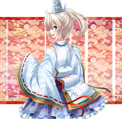 Rule 34 | 1girl, aps@shugyouchuu, aps (alice-momizi), detached sleeves, from behind, hat, highres, japanese clothes, kariginu, looking back, mononobe no futo, open mouth, ponytail, ribbon, short hair, silver hair, skirt, smile, solo, tate eboshi, touhou, wide sleeves