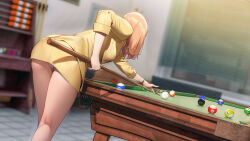 Rule 34 | 1girl, absurdres, ball, billiard ball, blonde hair, breasts, cleavage, commentary, cue stick, earrings, english commentary, helmetman, highres, holding cue stick, hoop earrings, indoors, jacket, jewelry, jungon kim, large breasts, medium hair, miniskirt, panties, pantyshot, pool table, skirt, solo, table, underwear, yellow jacket, yellow skirt
