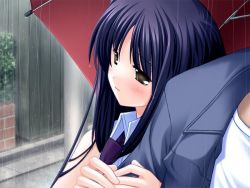 Rule 34 | 1boy, 1girl, blush, game cg, outdoors, rain, umbrella