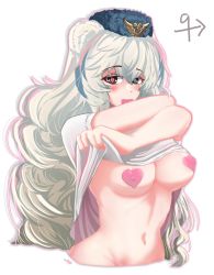 Rule 34 | 1girl, animal ears, arknights, bear ears, blue eyes, blue hair, blue headwear, blush, breasts, chinese commentary, clothes lift, commentary request, condom, condom in mouth, condom wrapper, cropped torso, dongjiu, flashing, hair between eyes, heart, heart-shaped pupils, heart pasties, heterochromia, highres, lifting own clothes, long hair, looking at viewer, medium breasts, mouth hold, multicolored hair, navel, pasties, pink hair, rosa (arknights), shirt, shirt lift, short sleeves, simple background, smile, solo, stomach, streaked hair, symbol-shaped pupils, upper body, ursus empire logo, very long hair, white background, white shirt
