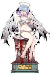 Rule 34 | 1girl, absurdres, barefoot, black souls, black tail, black wings, blood, bloody wings, blue eyes, blue hair, bra, demon girl, demon tail, demon wings, english text, fang, feathered wings, fingernails, frilled bra, frills, gradient hair, halo, head wings, heart, heart-shaped pupils, highres, lingeriena (black souls), looking at viewer, multicolored hair, navel, nyong nyong, one eye closed, pink hair, simple background, sitting, skull, smile, solo, symbol-shaped pupils, tail, toenails, underwear, white background, white bra, white wings, wings
