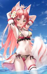 Rule 34 | 1girl, :d, absurdres, animal ear fluff, animal ears, armpits, arms behind head, arms up, azur lane, bikini, black choker, blue sky, blush, bow, bow bikini, breasts, choker, cleavage, cloud, commission, contrapposto, cowboy shot, detached sleeves, floral print, flower, fox ears, fox girl, fox tail, frilled bikini, frilled sleeves, frills, gluteal fold, hair flower, hair ornament, highres, long hair, looking at viewer, manjuu (azur lane), medium breasts, naka (azur lane), naka (foxy summer surfer) (azur lane), navel, official alternate costume, open mouth, outdoors, paid reward available, parted bangs, partially underwater shot, print bikini, red bikini, red hair, sarong, short sleeves, side-tie bikini bottom, sideboob, skeb commission, skindentation, sky, smile, solo, stomach, suyamori, swimsuit, tail, teeth, thigh strap, thighs, upper teeth only, very long hair, wading, water, white flower, white sleeves, white tail, yellow eyes
