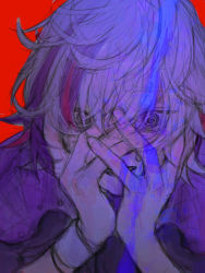 Rule 34 | 1boy, @ @, black eyes, blue hair, bracelet, eyes visible through hair, fingernails, fuwa minato, grey hair, hands on own face, jacket, jewelry, male focus, multicolored hair, nijisanji, open mouth, padded jacket, purple hair, purple jacket, red background, red hair, rit3set, simple background, sketch, solo, teeth, upper body, virtual youtuber, wristband