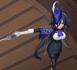 Rule 34 | 1girl, absolution (genshin impact), ascot, black hair, black pantyhose, black skirt, breasts, capelet, charijad, clorinde (genshin impact), feet out of frame, genshin impact, gloves, hat, highres, holding, holding sword, holding weapon, indoors, long hair, looking at viewer, medium breasts, miniskirt, pantyhose, purple ascot, purple capelet, purple eyes, shirt, skirt, solo, stairs, standing, sword, tricorne, very long hair, weapon, white gloves, white shirt