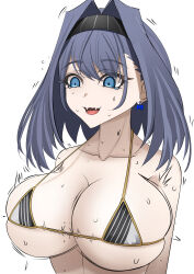 Rule 34 | bare shoulders, bikini, bloodyblack, blue eyes, blue hair, bow, bow earrings, breasts, earrings, fangs, gold trim, hair between eyes, highres, hololive, hololive english, jewelry, large breasts, nervous, nervous smile, nervous sweating, ouro kronii, smile, striped bikini, striped clothes, sweat, sweatdrop, swimsuit, undersized clothes, upper body, virtual youtuber