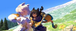 Rule 34 | 2girls, animal ears, black hair, blue sky, blush, brown eyes, capelet, cat ears, cat girl, clear sky, closed eyes, commentary request, dark-skinned female, dark skin, dress, facing away, floating clothes, flower, from side, highres, holding hands, kajatony, landscape, looking at another, mountain, multiple girls, nature, open mouth, orange scarf, original, outdoors, partial commentary, rock, scarf, scenery, shirt, short hair, sidelocks, signature, sky, smile, tree, upper body, white dress, white hair, white shirt, wind, yellow capelet, yellow flower