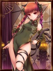 Rule 34 | 1girl, animal ears, bare shoulders, bow, braid, breasts, cat ears, cat tail, chinese clothes, detached sleeves, dress, fang, floral print, green dress, hair bow, hair ornament, jpeg artifacts, kaenbyou rin, leg ribbon, lips, long hair, long sleeves, looking at viewer, monety, multiple tails, nekomata, red eyes, red hair, ribbon, skull, small breasts, smile, solo, tail, touhou, turtleneck, twin braids