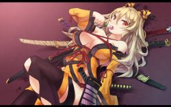 Rule 34 | 1girl, armor, bare shoulders, black thighhighs, blonde hair, breasts, cleavage, dango, detached sleeves, food, horns, japanese armor, japanese clothes, katana, kusazuri, letterboxed, lying, obi, on back, open mouth, original, red eyes, sash, solo, sword, thighhighs, wagashi, weapon, zenn