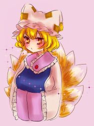 Rule 34 | 1girl, animal hat, bad id, bad twitter id, blonde hair, blush, breasts, dress, fox tail, frills, fukufukupine, hands in opposite sleeves, hat, kitsune, kyuubi, mob cap, multiple tails, short hair, simple background, solo, sparkle, tabard, tail, touhou, yakumo ran, yellow eyes