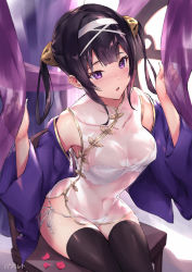 Rule 34 | 1girl, :o, azur lane, bare shoulders, black hair, black thighhighs, bra, chair, china dress, chinese clothes, collarbone, commentary request, covered collarbone, covered navel, detached sleeves, dress, fingernails, hair rings, hairband, hairpods, hands up, long hair, long sleeves, looking at viewer, navel, ning hai (azur lane), on chair, panties, parfaitlate, parted lips, petals, purple eyes, purple sleeves, see-through, side-tie panties, sidelocks, signature, sitting, sleeveless, sleeveless dress, solo, thighhighs, transparent, underwear, white bra, white dress, white hairband, white panties, wide sleeves, window