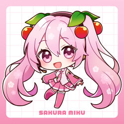 Rule 34 | 1girl, aplerichi, blush, boots, character name, cherry hair ornament, chibi, collared shirt, detached sleeves, food-themed hair ornament, full body, hair ornament, hatsune miku, headphones, headset, highres, long hair, long sleeves, looking at viewer, open mouth, pink eyes, pink hair, pleated skirt, sakura miku, shirt, skirt, sleeveless, sleeveless shirt, smile, solo, thigh boots, twintails, very long hair, vocaloid