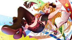 Rule 34 | 1girl, abstract background, akatsuki uni, ankoku kishi m, armpits, bare shoulders, bat (animal), black footwear, black gloves, black jacket, black shorts, black thighhighs, blonde hair, book, boots, breasts, checkered clothes, confetti, cropped jacket, dress, fang, fingerless gloves, full body, glove bow, gloves, hair ornament, high heel boots, high heels, highres, jacket, long hair, looking at viewer, multicolored background, multicolored clothes, multicolored jacket, open clothes, open jacket, oversized zipper, parted bangs, red eyes, salute, shorts, skindentation, sleeveless, small breasts, solo, teeth, thighhighs, two-tone footwear, two-tone gloves, two-tone jacket, two-tone shorts, two-tone thighhighs, two side up, underboob, uni create, upper teeth only, vampire, very long hair, virtual youtuber, zipper pull tab
