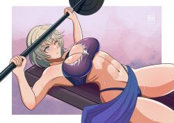 Rule 34 | 1girl, absurdres, armpits, bare arms, bare shoulders, blue eyes, breasts, commentary, exercising, fire emblem, fire emblem engage, grey hair, highres, ihsnet, large breasts, lying, merrin (fire emblem), midriff, navel, nintendo, on back, one eye closed, short hair, solo, sports bra, stomach, sweat, thighs, weightlifting