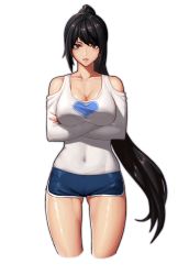 Rule 34 | 1girl, bare legs, bare shoulders, black eyes, black hair, blue shorts, breasts, cleavage, clothing cutout, collarbone, covered navel, cowboy shot, cropped legs, crossed arms, dolphin shorts, dungeon and fighter, epomeno, eyebrows, fighter (dungeon and fighter), fingernails, gym shorts, heart, heart print, large breasts, legs apart, light smile, long hair, long sleeves, looking at viewer, micro shorts, no bra, off shoulder, parted lips, pink lips, ponytail, print shirt, shirt, short shorts, shorts, shoulder cutout, sidelocks, simple background, solo, standing, teeth, very long hair, white background, white shirt