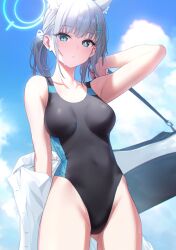 Rule 34 | 1girl, animal ear fluff, animal ears, bag, bare shoulders, blue archive, blue eyes, blue one-piece swimsuit, blue sky, blush, breasts, collarbone, covered navel, cross hair ornament, deca purio, duffel bag, extra ears, grey hair, hair ornament, halo, highleg, highleg swimsuit, highres, looking at viewer, medium breasts, medium hair, multicolored clothes, multicolored swimsuit, one-piece swimsuit, shiroko (blue archive), shiroko (swimsuit) (blue archive), short ponytail, sidelocks, sky, solo, swimsuit, thighs, wolf ears