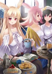 Rule 34 | 3girls, :d, bad id, bad pixiv id, bare shoulders, black hair, black skirt, blonde hair, blue flower, blue rose, book, breasts, chair, coffee, coffee mug, collarbone, commentary request, cup, fate (series), flower, food, fruit, head wings, highres, hildr (fate), long hair, long skirt, manjirou (manji illust), medium breasts, medium hair, miniskirt, mug, multiple girls, open mouth, ortlinde (fate), pink hair, plate, red eyes, rose, shirt, short hair, sitting, skirt, sleeveless, sleeveless shirt, smile, spaghetti strap, spoon, strapless, strapless shirt, strawberry, table, thrud (fate), valkyrie (fate), very long hair, white headwear, white shirt, wings