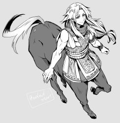 Rule 34 | 1boy, armor, bishounen, centaur, chiron (fate), commentary request, fate/apocrypha, fate (series), greyscale, haoro, highres, hooves, horse tail, long hair, looking at viewer, male focus, monochrome, muscular, scarf, signature, smile, solo, tail, taur, twitter username