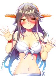 Rule 34 | 1girl, bikini, black hair, blush, breasts, brown eyes, cleavage, closed mouth, collarbone, hair between eyes, hair ornament, hairband, hands up, haruna (kancolle), headgear, highres, jacket, jewelry, kantai collection, large breasts, long hair, looking at viewer, navel, ring, sidelocks, simple background, smile, solo, sweat, swept bangs, swimsuit, tsukui kachou, upper body, wedding band, white background, white bikini