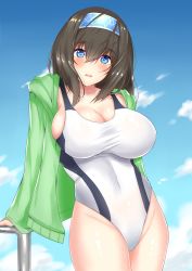 Rule 34 | 1girl, arm support, black hair, blue eyes, blue hairband, blue sky, blush, breasts, cleavage, cloud, collarbone, commentary request, competition swimsuit, covered navel, day, green jacket, hair between eyes, hairband, highres, hip focus, hood, hoodie, idolmaster, idolmaster cinderella girls, jacket, large breasts, long hair, looking at viewer, one-piece swimsuit, open clothes, open jacket, open mouth, pool ladder, railing, sagisawa fumika, sankakusui, sideboob, skindentation, sky, swimsuit, thighs, white one-piece swimsuit