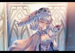 Rule 34 | 1girl, backlighting, blue eyes, blush, breasts, cleavage, closed mouth, curly hair, elbow gloves, gloves, holding, holding mask, indoors, inoue takuya (tactactak), lens flare, letterboxed, long sleeves, looking away, looking down, mask, unworn mask, medium breasts, melia antiqua, nintendo, pink headwear, silver hair, solo, strapless, twintails, upper body, white gloves, xenoblade chronicles (series), xenoblade chronicles 1