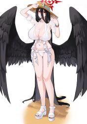 Rule 34 | 1girl, absurdly long hair, absurdres, alternate costume, arm up, bead bracelet, beads, bikini, black hair, black nails, black wings, blue archive, blush, bracelet, breasts, brown hat, choker, cleavage, collarbone, commission, curvy, ddog, double-parted bangs, embarrassed, feathered wings, feet, flower, front-tie top, full body, gluteal fold, hair between eyes, half-closed eyes, halo, halterneck, hand up, hasumi (blue archive), hat, hat flower, high heels, highres, huge breasts, jewelry, large wings, legs, long bangs, long hair, looking at viewer, mole, mole on breast, mole under eye, nail polish, navel, parted lips, raised eyebrows, red eyes, red halo, ring, sagging breasts, sandals, see-through, shading eyes, simple background, standing, straight-on, straight hair, straw hat, sweat, swimsuit, thigh gap, toenail polish, toenails, very long hair, wedding ring, white background, white bikini, white choker, white flower, white footwear, wide hips, wings, yellow flower