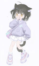 Rule 34 | 1girl, @ @, ahoge, animal ears, bag, bag charm, bear charm, cat ears, cat girl, cat tail, charm (object), flying sweatdrops, hair ornament, hand to own mouth, hand up, highres, jacket, long sleeves, looking ahead, medium hair, open mouth, original, pleated skirt, purple jacket, purple sailor collar, sailor collar, shipi-chan, sho (sho lwlw), shoes, shoulder bag, simple background, skirt, sneakers, solo, standing, standing on one leg, sweat, tail, tail around own leg, two side up, v-shaped eyebrows, whale hair ornament, whiskers, white background, white skirt, yellow eyes, zipper