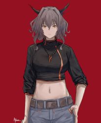Rule 34 | 1girl, ai-bon, alternate costume, arknights, belt, black shirt, brown eyes, commentary, crop top, grey hair, grey pants, hair between eyes, hair intakes, horns, jewelry, long sleeves, looking at viewer, midriff, navel, necklace, pants, red background, shirt, short hair, simple background, solo, stomach, talulah (arknights), upper body