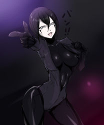 Rule 34 | 1girl, :3, :d, black hair, blame!, bodysuit, breasts, contrapposto, covered erect nipples, cyborg, finger gun, grey eyes, hair between eyes, highres, joints, large breasts, looking at viewer, nipples, open mouth, robot joints, sanakan, short hair, shoujo donburi, smile, solo, standing, white eyes