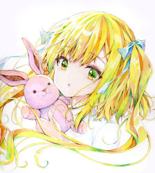 Rule 34 | 1girl, :o, blonde hair, blue bow, bow, commentary request, cropped torso, green eyes, grey background, hair bow, highres, holding, holding stuffed toy, long hair, looking at viewer, mizuki yuuma, original, painting (medium), parted lips, shirt, simple background, solo, stuffed animal, stuffed rabbit, stuffed toy, traditional media, two side up, upper body, watercolor (medium), white shirt