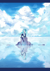 Rule 34 | 1girl, absurdres, aqua eyes, aqua hair, cloud, day, hatsune miku, highres, letterboxed, reflection, sitting, sky, solo, twintails, ureshiijelek, vocaloid, water, water world