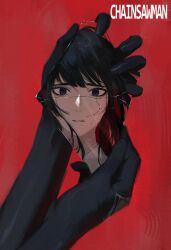 1girl black_eyes black_gloves black_hair chainsaw_man copyright_name glass_shard gloves highres holding_glass_shard long_hair mitaka_asa red_background reflection solo woijoi