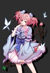 Rule 34 | 1girl, absurdres, arrow (projectile), bow, bug, butterfly, cosplay, dress, flower, hezi (ajudyjuly), highres, insect, japanese clothes, kaname madoka, magical girl, mahou shoujo madoka magica, mahou shoujo madoka magica (anime), pink hair, ribbon, rose, saigyouji yuyuko, saigyouji yuyuko (cosplay), short hair, solo, touhou