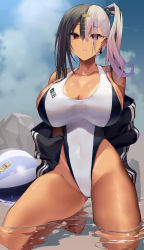 Rule 34 | 1girl, ball, bare legs, barefoot, beachball, black hair, breasts, cleavage, commentary request, ear piercing, eyes visible through hair, hair between eyes, hair ornament, highleg, highleg swimsuit, highres, indie virtual youtuber, kneeling, large breasts, long hair, looking at viewer, mole, mole under eye, multicolored hair, one-piece swimsuit, outdoors, parted lips, partially submerged, piercing, pink hair, red eyes, satou daiji, side ponytail, solo, swimsuit, tan, tanline, thighs, towa (towa akqj10), virtual youtuber, water, white one-piece swimsuit